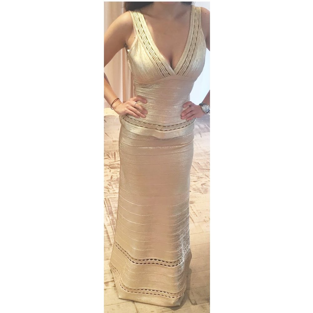 Herve Leger Gold Metallic Gown Dress with Peplum